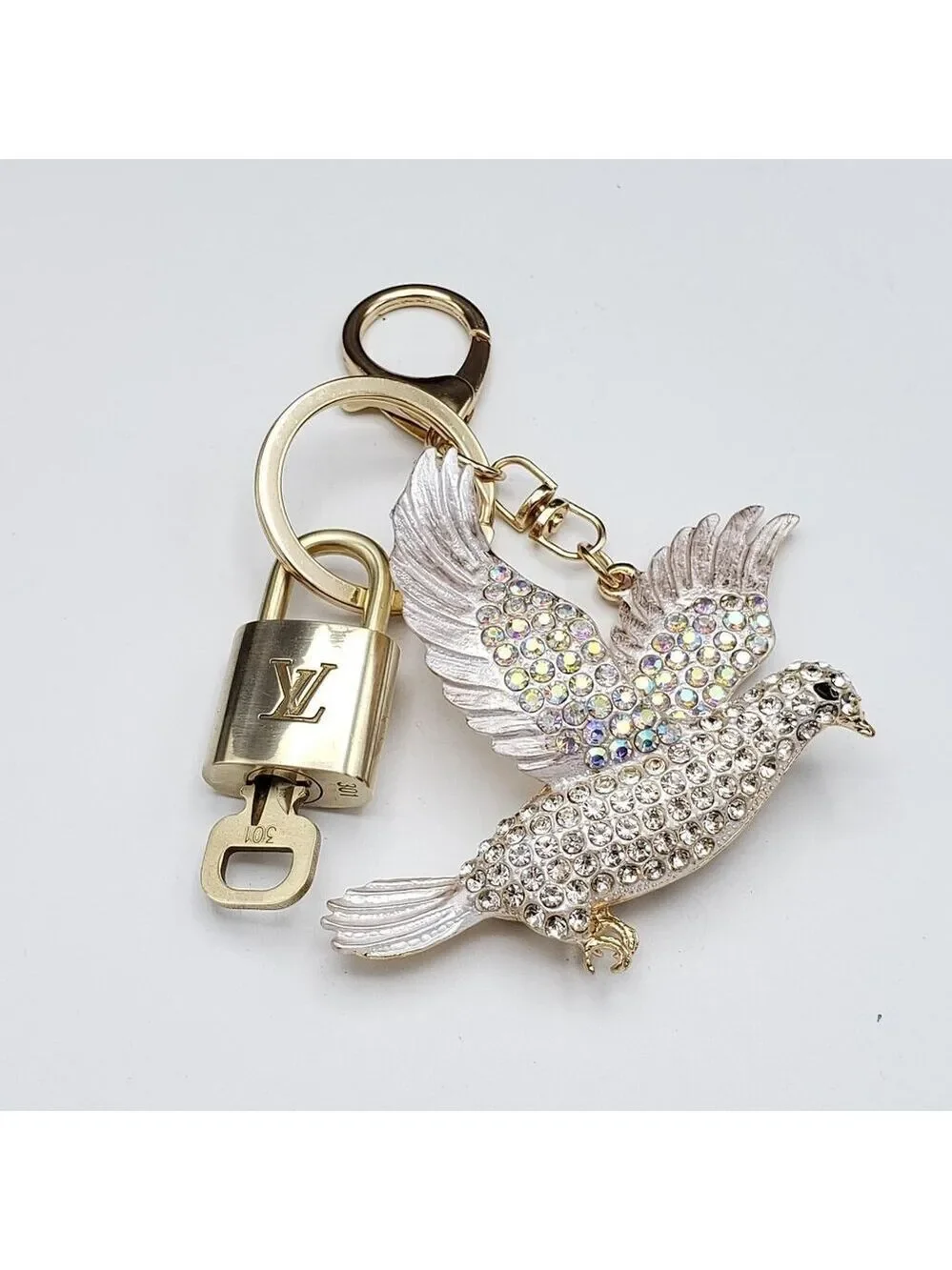 Authentic Louis Vuitton Lock & Key with Unbranded Dove Charm, Keychain